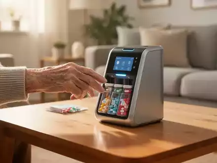 Ein moderner automatisierter Medikamentenspender auf einem Holztisch in einem hellen Wohnraum. - Foto: über boerse-global.de