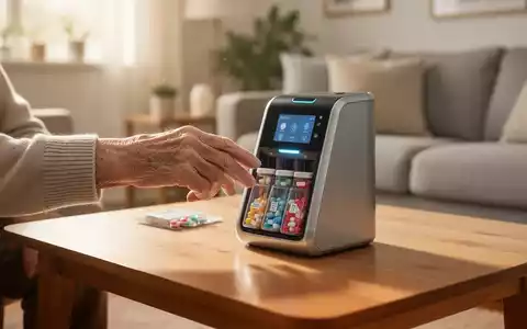 Ein moderner automatisierter Medikamentenspender auf einem Holztisch in einem hellen Wohnraum. - Foto: ĂŒber boerse-global.de
