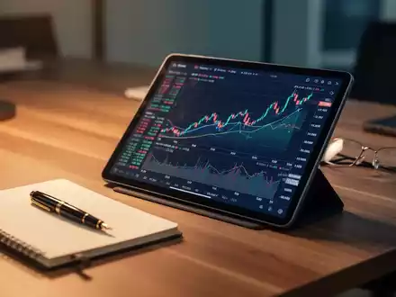 Ein moderner Schreibtisch mit Tablet, das Aktiencharts anzeigt, sowie Notizbuch und Brille als Symbol für Finanzplanung. - Foto: über boerse-global.de