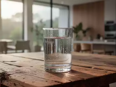 Ein Glas frisches Wasser auf einem Holztisch bei natürlichem Lichteinfall als Symbol für nachhaltigen Ressourcenverbrauch. - Foto: über boerse-global.de