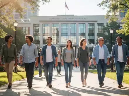 Eine diverse Gruppe Menschen beim gemeinsamen Spaziergang in einem sonnigen Stadtpark. - Foto: über boerse-global.de