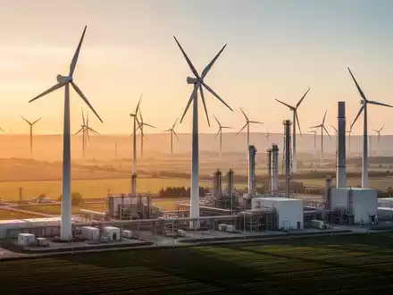 Moderne Windkraftanlagen vor einer Industrieanlage bei Sonnenuntergang als Symbol für die Energiewende. - Foto: über boerse-global.de