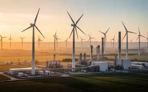Moderne Windkraftanlagen vor einer Industrieanlage bei Sonnenuntergang als Symbol für die Energiewende. - Foto: über boerse-global.de