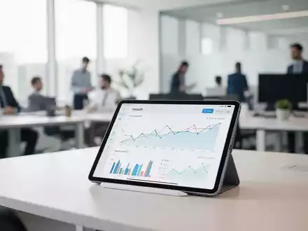 Modernes Büro mit digitalem Tablet, das Gesundheitsstatistiken anzeigt, als Symbol für betriebliche Prävention. - Foto: über boerse-global.de