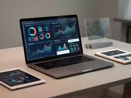 Moderner Büroarbeitsplatz mit Laptop, der Finanzdiagramme und Präsentationsfolien für die Geschäftsstrategie zeigt. - Foto: über boerse-global.de