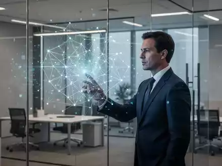 Führungskraft betrachtet eine digitale Netzwerkvisualisierung in einem modernen Büro als Symbol für unternehmerische Resilienz. - Foto: über boerse-global.de