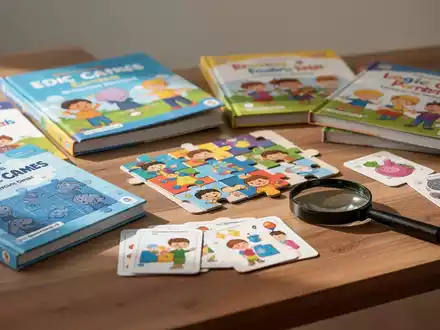 Verschiedene Rätselbücher und eine Lupe auf einem Holztisch zur Förderung der kognitiven Entwicklung. - Foto: über boerse-global.de