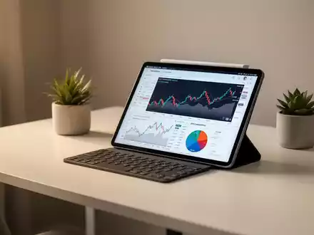 Minimalistischer Schreibtisch mit einem Tablet, das Finanzdiagramme anzeigt, symbolisiert eine klare Budgetplanung. - Foto: über boerse-global.de