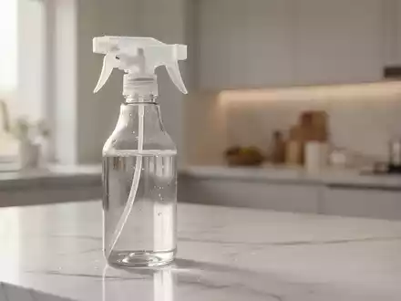 Eine Sprühflasche mit Essigreiniger auf einer minimalistischen, weißen Küchenarbeitsplatte bei hellem Tageslicht. - Foto: über boerse-global.de