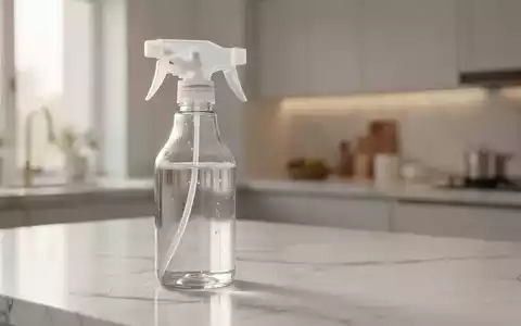 Eine Sprühflasche mit Essigreiniger auf einer minimalistischen, weißen Küchenarbeitsplatte bei hellem Tageslicht. - Foto: über boerse-global.de