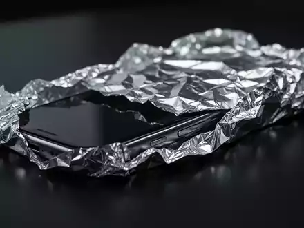 Ein in Alufolie eingewickeltes Smartphone auf einer dunklen Oberfläche als Symbol für Signalabschirmung bei Diebstählen. - Foto: über boerse-global.de
