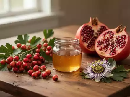 Ein Arrangement aus Weißdornbeeren, Honig, einer Granatapfelfrucht und einer Passionsblume auf einem Holztisch. - Foto: über boerse-global.de
