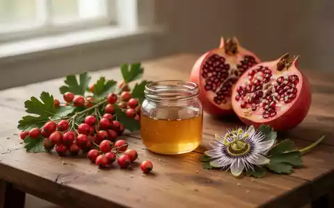 Ein Arrangement aus Weißdornbeeren, Honig, einer Granatapfelfrucht und einer Passionsblume auf einem Holztisch. - Foto: über boerse-global.de