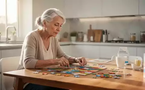 Eine ältere Frau konzentriert sich in einer hellen Küche auf eine kognitive Aufgabe, symbolisch für die Gehirngesundheit. - Foto: über boerse-global.de