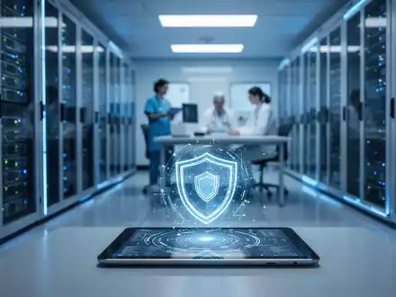 Leuchtendes digitales Sicherheitsschild über einem modernen Serverraum im Gesundheitswesen, das Datenschutz symbolisiert. - Foto: über boerse-global.de