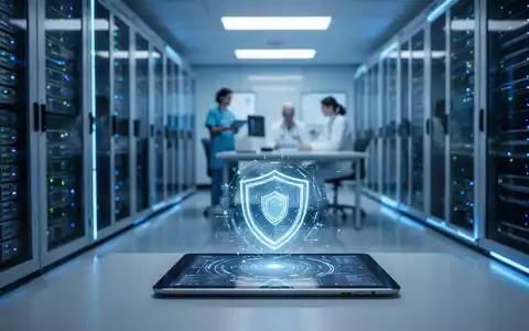 Leuchtendes digitales Sicherheitsschild über einem modernen Serverraum im Gesundheitswesen, das Datenschutz symbolisiert. - Foto: über boerse-global.de
