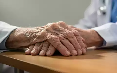 Nahaufnahme einer Hand eines älteren Menschen, die auf einer Holzoberfläche ruht, als Symbol für körperliche Gebrechlichkeit. - Foto: über boerse-global.de
