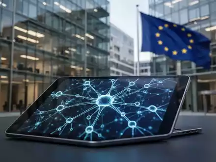 Ein Tablet mit leuchtenden KI-Netzwerken vor einem modernen Bürogebäude in Brüssel, symbolisch für die EU-Regulierung. - Foto: über boerse-global.de