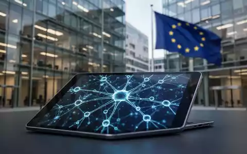 Ein Tablet mit leuchtenden KI-Netzwerken vor einem modernen Bürogebäude in Brüssel, symbolisch für die EU-Regulierung. - Foto: über boerse-global.de