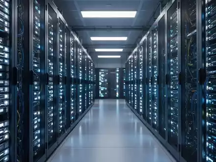 Reihen leistungsstarker Server-Racks in einem modernen Rechenzentrum mit blauen Leuchten. - Foto: über boerse-global.de