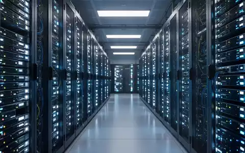 Reihen leistungsstarker Server-Racks in einem modernen Rechenzentrum mit blauen Leuchten. - Foto: über boerse-global.de