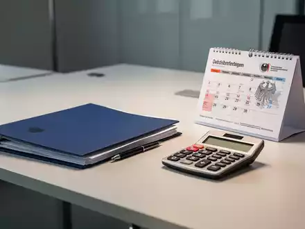 Ein Schreibtisch in einem modernen Büro mit Aktenordner, Taschenrechner und Kalender als Symbol für die Grundsicherung. - Foto: über boerse-global.de