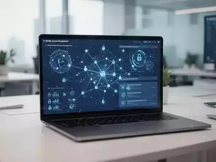 Ein moderner Büroarbeitsplatz mit einer Laptop-Anzeige für Identitätsmanagement und IT-Sicherheitsdaten. - Foto: über boerse-global.de