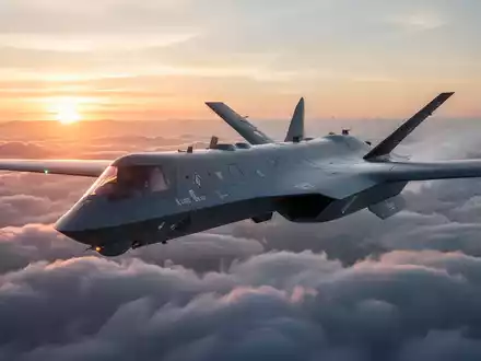 Eine moderne Kampfdrohne fliegt über einer Wolkendecke bei Sonnenuntergang. - Foto: über boerse-global.de