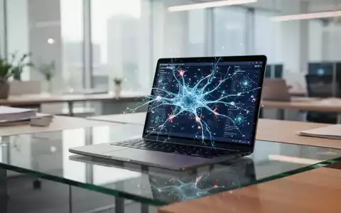 Moderner Büroarbeitsplatz mit einem Laptop, auf dem abstrakte KI-Visualisierungen zu sehen sind, als Symbol für professionelle Zertifizierungen. - Foto: über boerse-global.de