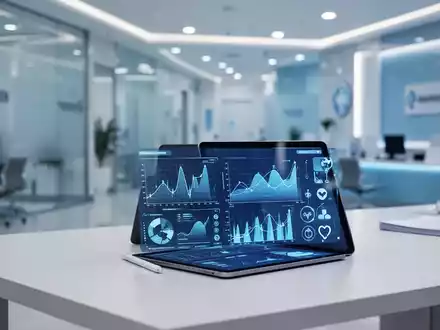 Ein Tablet mit medizinischen Daten und Finanzdiagrammen auf einem modernen Schreibtisch in einer Arztpraxis. - Foto: über boerse-global.de