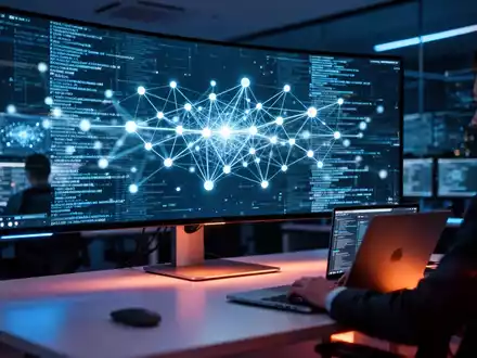 Cybersecurity-Experte an einem modernen Arbeitsplatz mit digitalen Netzwerkgrafiken auf einem Monitor. - Foto: über boerse-global.de