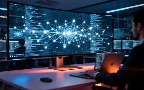 Cybersecurity-Experte an einem modernen Arbeitsplatz mit digitalen Netzwerkgrafiken auf einem Monitor. - Foto: über boerse-global.de