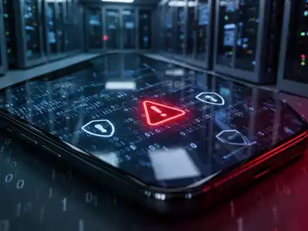Ein Smartphone-Bildschirm mit abstrakten Binärcode-Elementen und Sicherheitssymbolen in einer dunklen, digitalen Umgebung. - Foto: über boerse-global.de