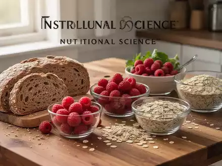 Eine Auswahl gesunder, ballaststoffreicher Lebensmittel wie Vollkornbrot, Himbeeren und Haferflocken auf einem Holztisch. - Foto: über boerse-global.de