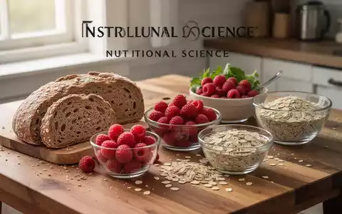 Eine Auswahl gesunder, ballaststoffreicher Lebensmittel wie Vollkornbrot, Himbeeren und Haferflocken auf einem Holztisch. - Foto: über boerse-global.de