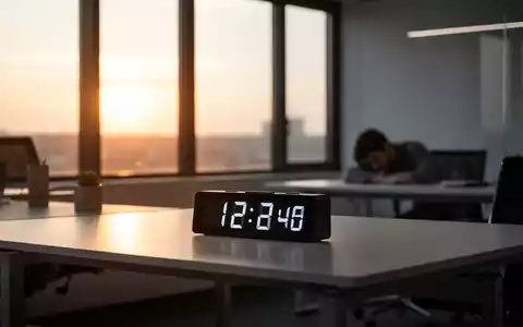 Ein minimalistischer Büroarbeitsplatz im frühen Morgenlicht mit einer Digitaluhr, die die Problematik starrer Arbeitszeiten symbolisiert. - Foto: über boerse-global.de