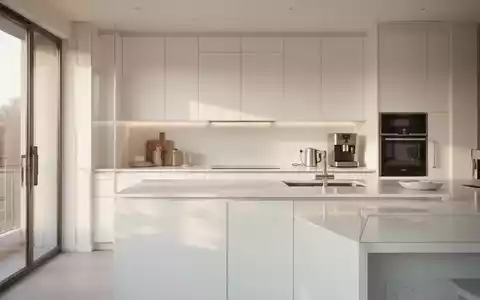 Helle, minimalistisch gestaltete Küche mit aufgeräumten Arbeitsflächen und moderner, funktionaler Innenarchitektur. - Foto: über boerse-global.de