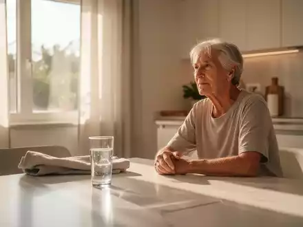 Ein älterer Mensch sitzt an einem sonnigen Küchentisch mit einem Glas Wasser als Symbol für gesundheitliche Vorsorge. - Foto: über boerse-global.de