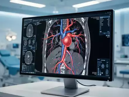 Digitales 3D-Bild einer menschlichen Herzkranzarterie auf einem medizinischen Monitor zur KI-gestützten Diagnostik. - Foto: über boerse-global.de
