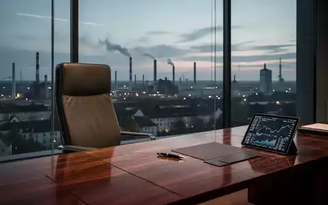 Modernes Büro mit Schreibtisch, Füllfederhalter und Tablet mit Finanzgrafiken vor einer Industrie-Silhouette. - Foto: über boerse-global.de