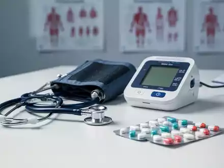 Blutdruckmessgerät und Medikamentenpackungen auf einem medizinischen Schreibtisch - Foto: über boerse-global.de