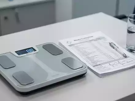 Digitale Körperanalysewaage und medizinische Unterlagen auf einem Tisch in einer Arztpraxis. - Foto: über boerse-global.de
