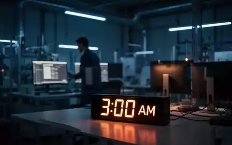 Ein nächtlicher Arbeitsplatz in einem modernen Büro mit gedimmter Beleuchtung und einer Digitaluhr, die 3 Uhr anzeigt. - Foto: über boerse-global.de