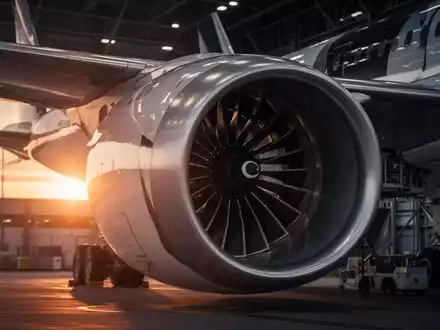 Nahaufnahme eines modernen Flugzeugtriebwerks bei Sonnenaufgang, symbolisch für die Luftfahrtindustrie. - Foto: über boerse-global.de