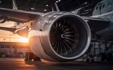 Nahaufnahme eines modernen Flugzeugtriebwerks bei Sonnenaufgang, symbolisch für die Luftfahrtindustrie. - Foto: über boerse-global.de