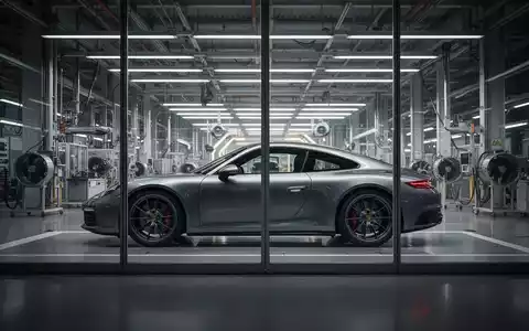 Silhouette eines Porsche-Sportwagens vor einer modernen Produktionshalle in Stuttgart bei atmosphärischem Licht. - Foto: über boerse-global.de