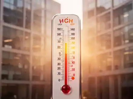 Ein Thermometer zeigt bei strahlendem Sonnenschein extreme Temperaturen vor einem verschwommenen Bürogebäude. - Foto: über boerse-global.de