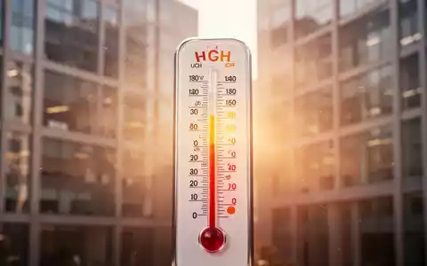 Ein Thermometer zeigt bei strahlendem Sonnenschein extreme Temperaturen vor einem verschwommenen Bürogebäude. - Foto: über boerse-global.de