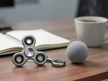 Ein Fidget-Spinner und ein Stressball liegen auf einem modernen Büroschreibtisch neben einem Notizbuch. - Foto: über boerse-global.de