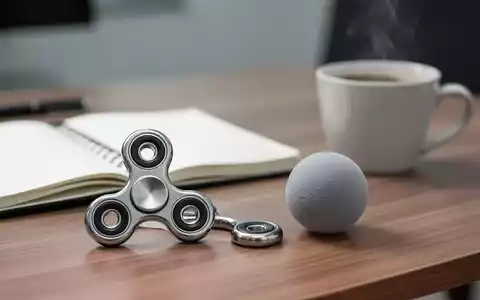 Ein Fidget-Spinner und ein Stressball liegen auf einem modernen Büroschreibtisch neben einem Notizbuch. - Foto: über boerse-global.de